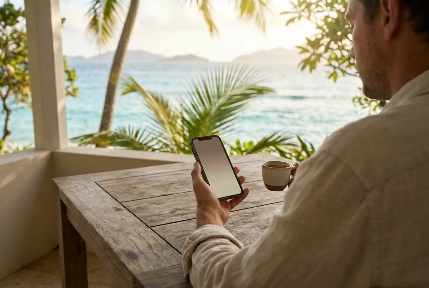 A guest at a seafront terrace with a coffee, looking at their phone