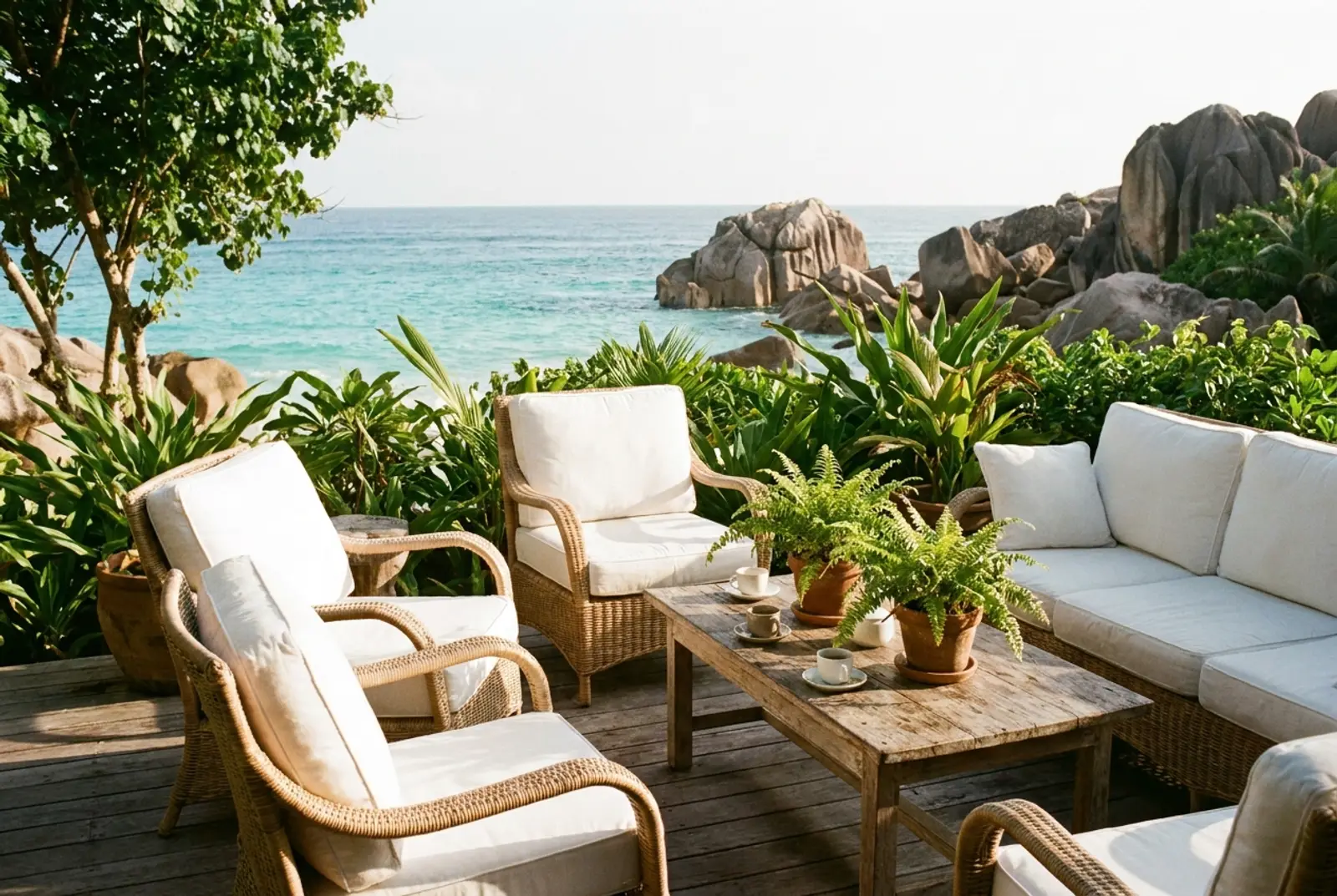 A shaded terrace above a Seychelles beach, with granite boulders and turquoise water beyond